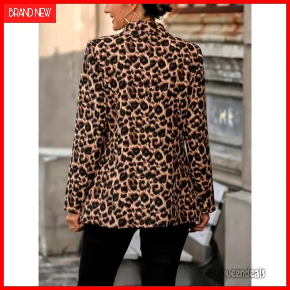Faux Suede Leopard Blazer Open Front Slim Fit Long Sleeve Work Office